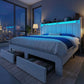 Bed Frame with 2 Storage Drawers/2-Tier Shelves, LED Lights & Charging Station