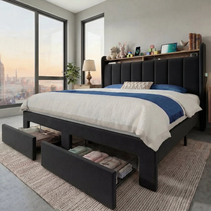 Bed Frame with 2 Storage Drawers/2-Tier Shelves, LED Lights & Charging Station