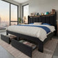 Bed Frame with 2 Storage Drawers/2-Tier Shelves, LED Lights & Charging Station