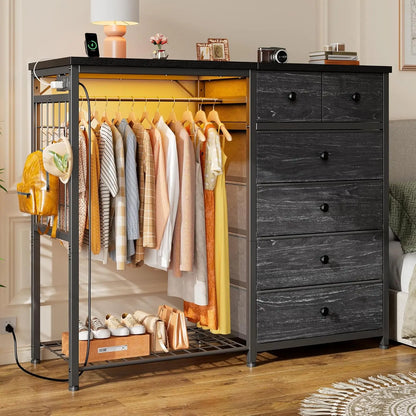 49.2" W White Dresser for Bedroom with Hanging Rack