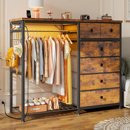 49.2" W White Dresser for Bedroom with Hanging Rack