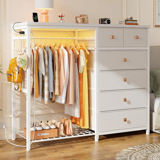 49.2" W White Dresser for Bedroom with Hanging Rack