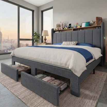 Bed Frame with 2 Storage Drawers/2-Tier Shelves, LED Lights & Charging Station